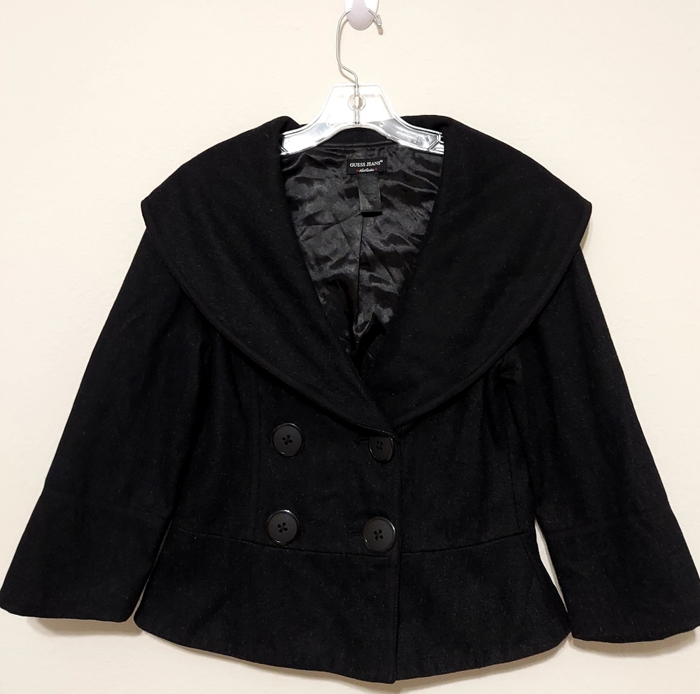 Guess Black Double‎ Breasted Shawl Collar Y2K Style Coat Large